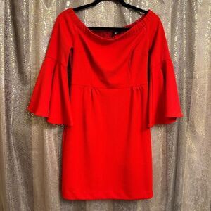 Trina Turk Bright Neon Red Orange Miley Off Shoulder Bell Sleeve Dress 2 NWT